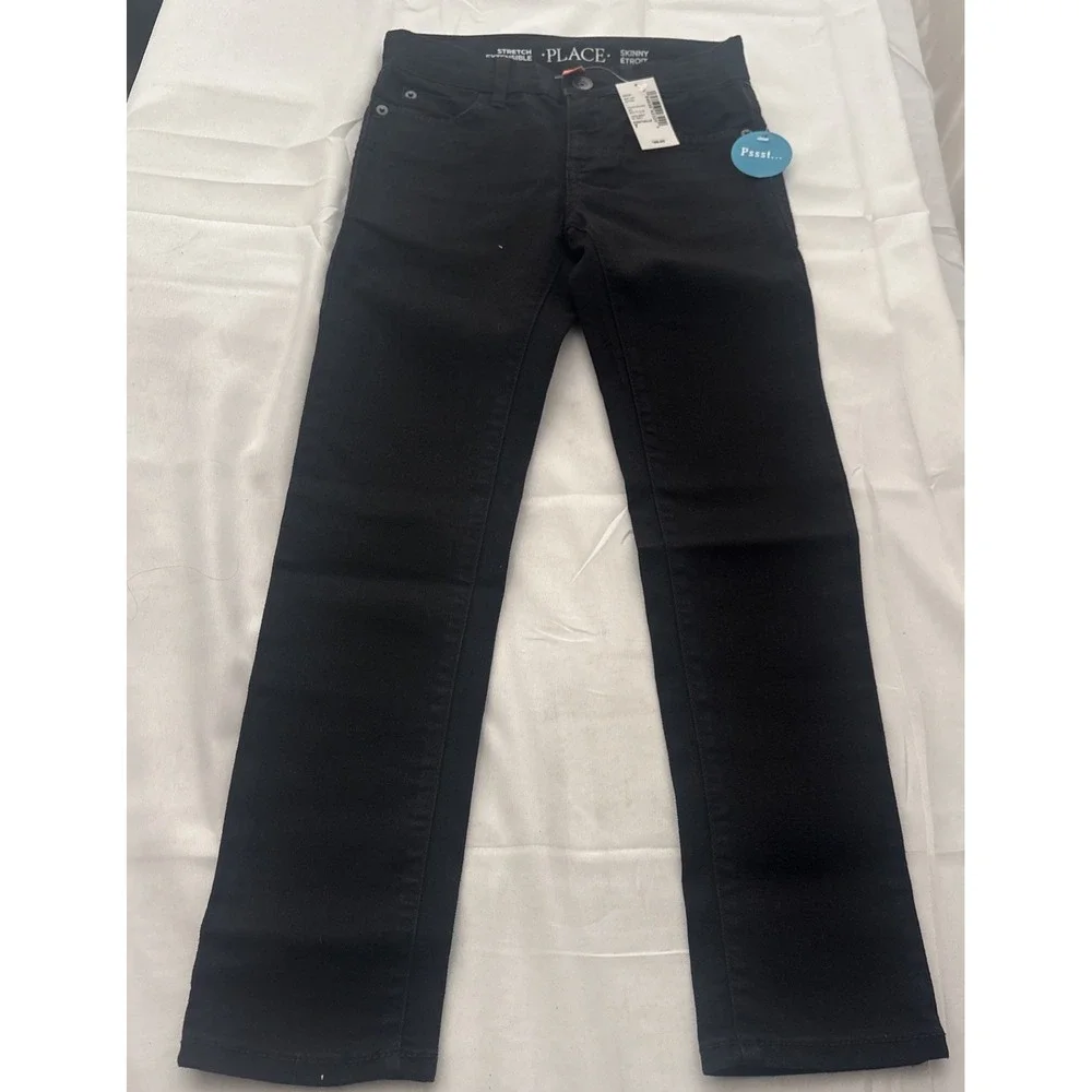 NEW NWT Childrens Place Boys Sz 7 Skinny Stretch Black Jeans Adjustable Waist